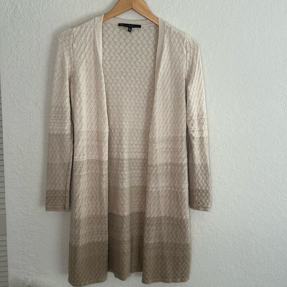 WHBM Tan Brown Longline Open Cardigan Sweater Textured Weave Neutral Minimalist